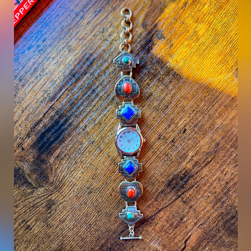 Sterling Silver Southwest Multi Stone Toggle Link Bracelet